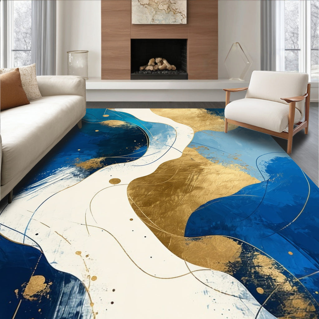 Blue Gold Abstract Waves Rug