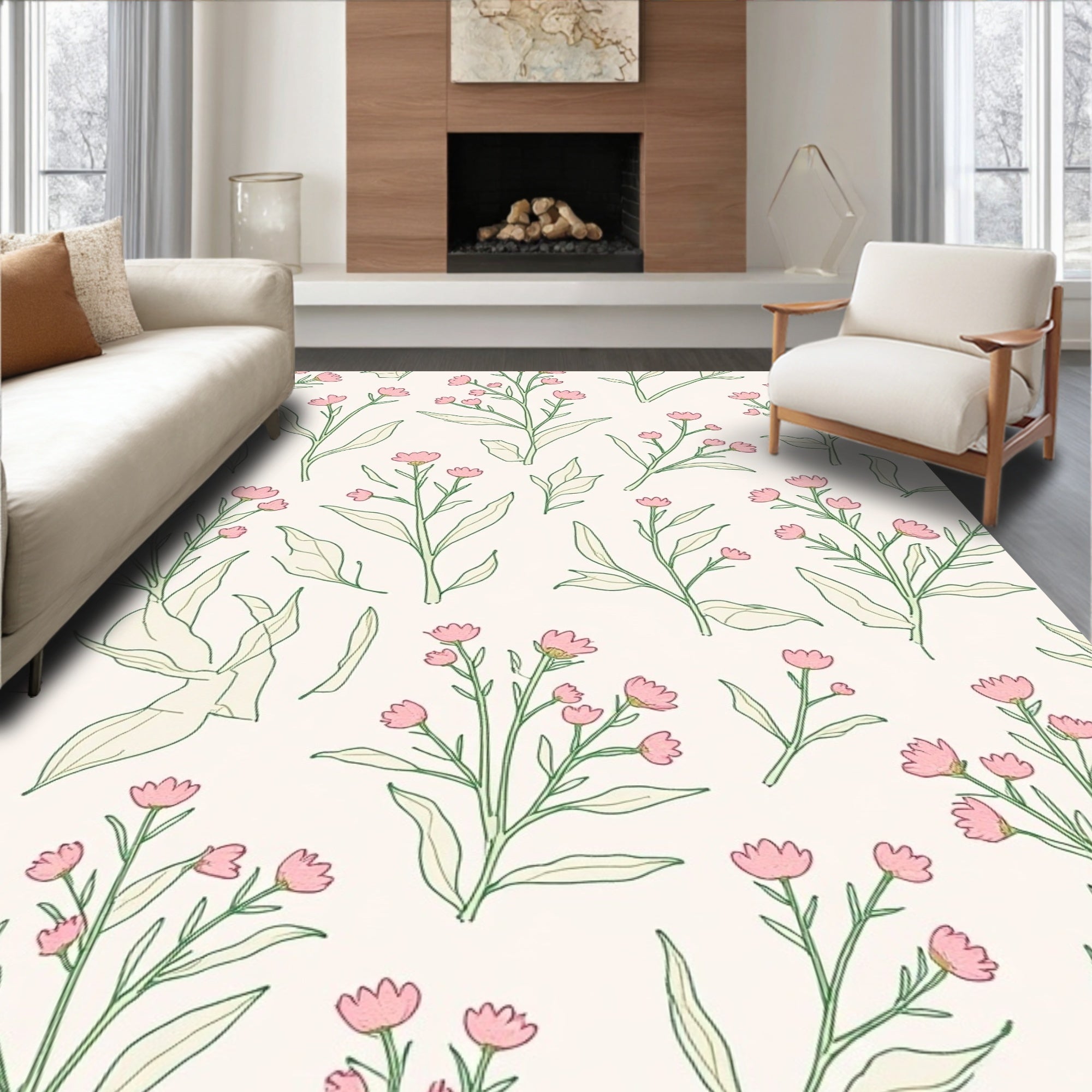 Delicate Pink Floral Vine Pattern Rug