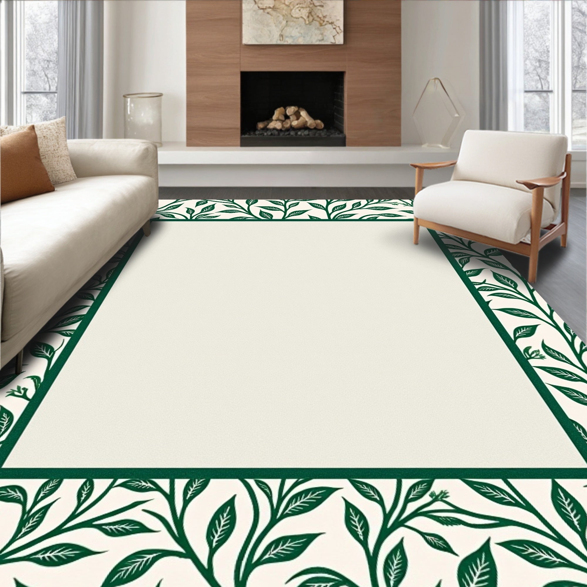Emerald Green Leafy Vines Border Rug