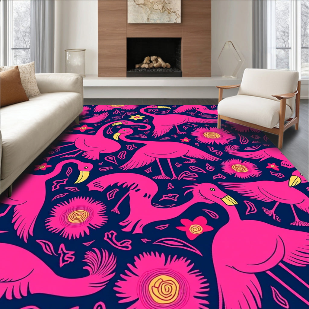 Vibrant Pink Flamingo Floral Pattern Rug