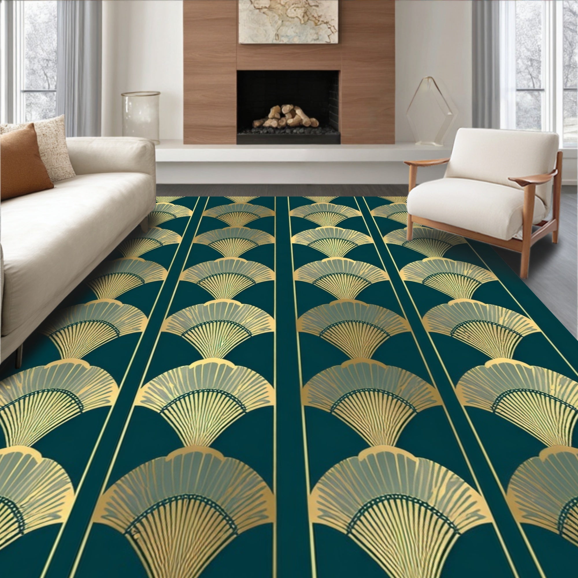 Art Deco Fan Patterned Teal Rug
