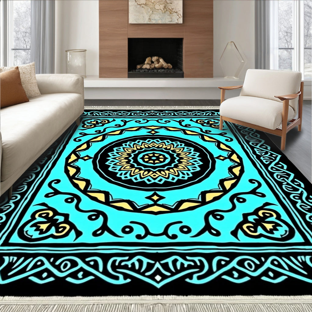 Aqua Teal Geometric Medallion Rug