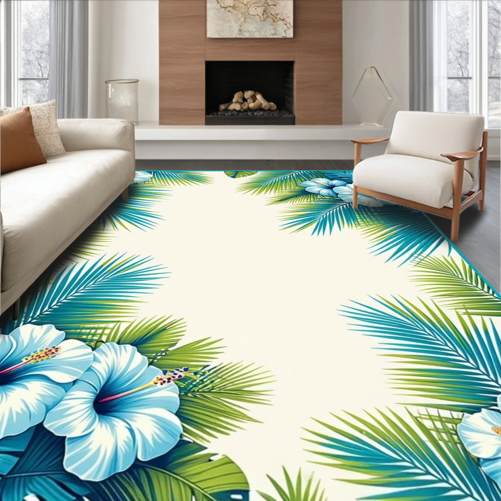 Tropical Blue Hibiscus Palm Leaf Design Rug