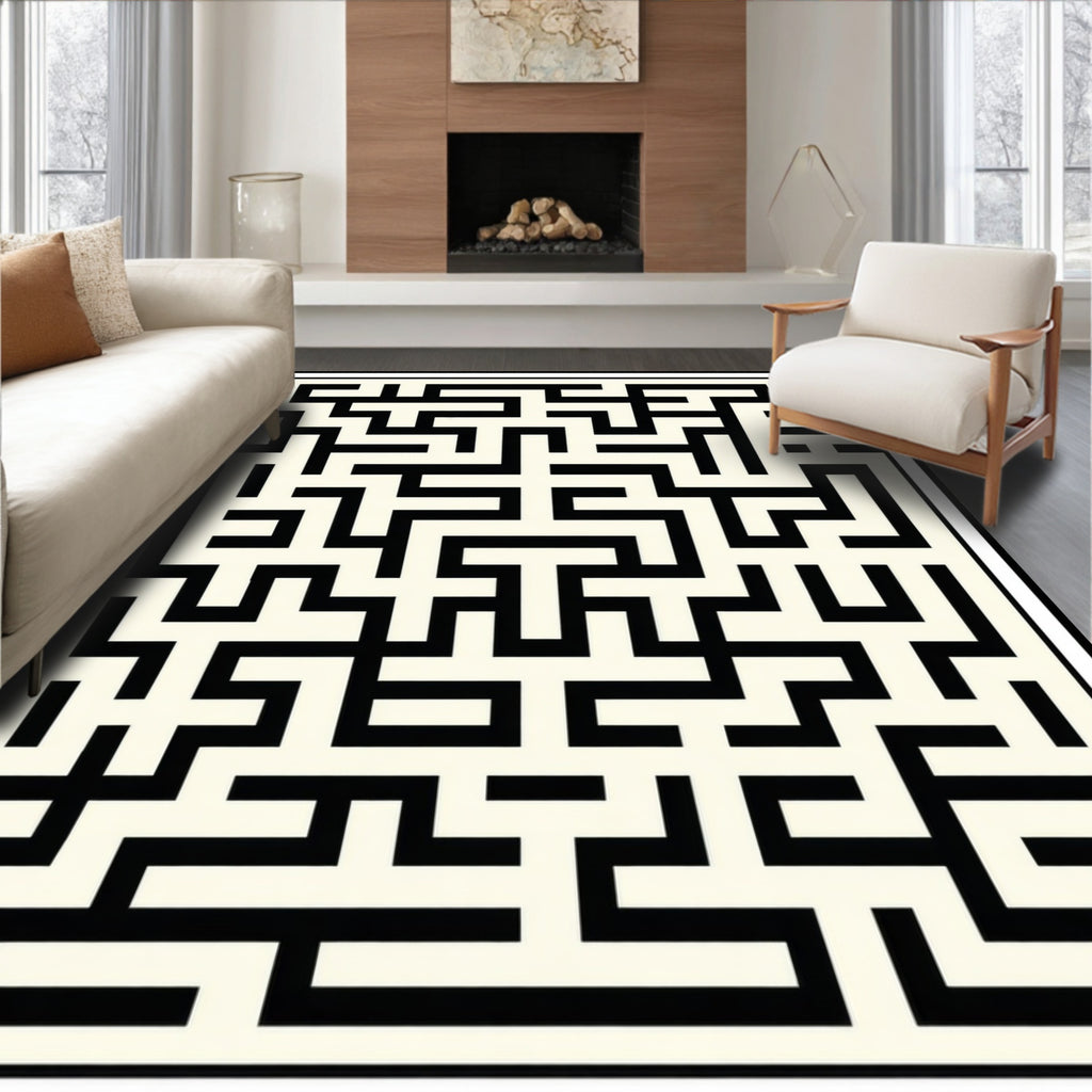 Black and White Geometric Maze Design Rug