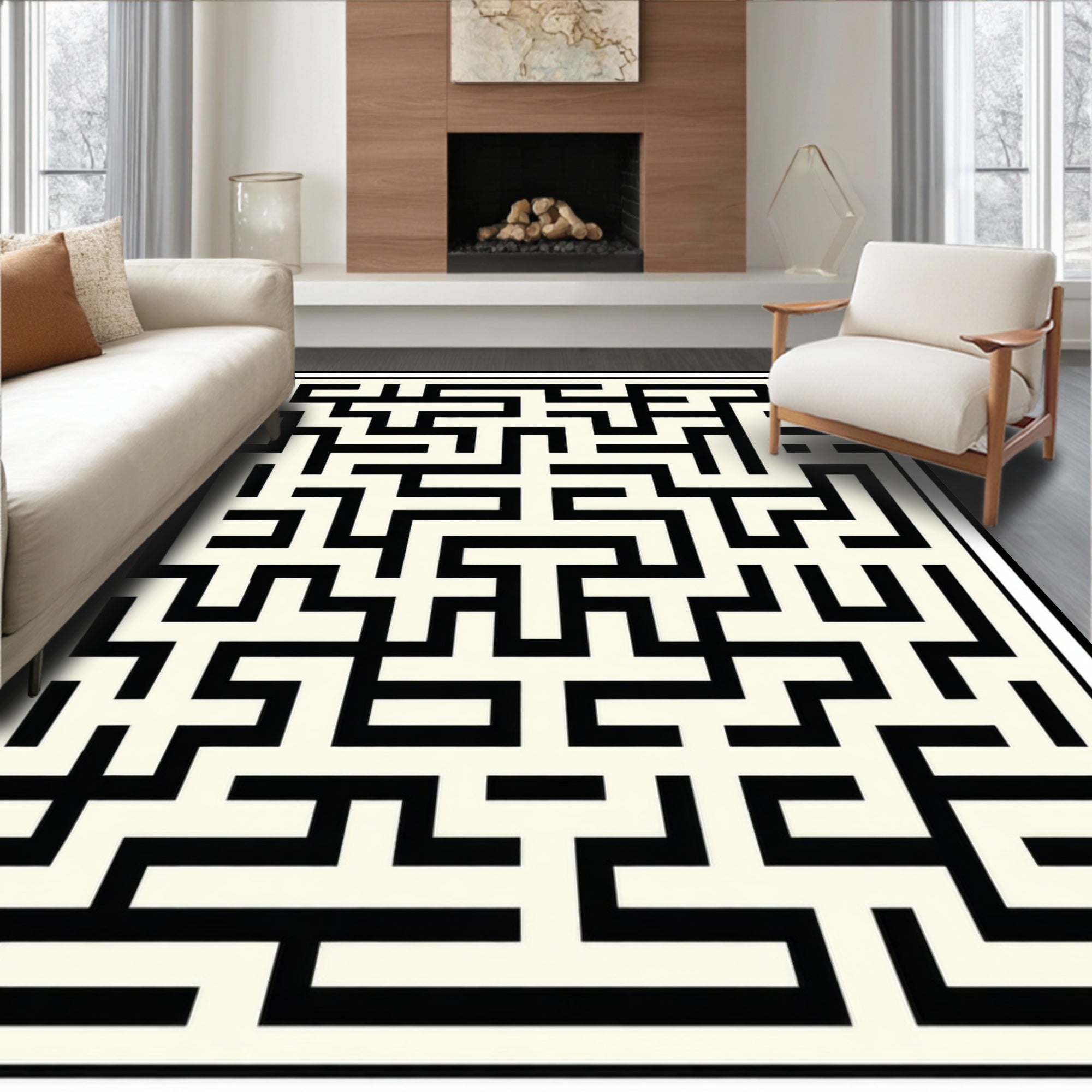 Black and White Geometric Maze Design Rug