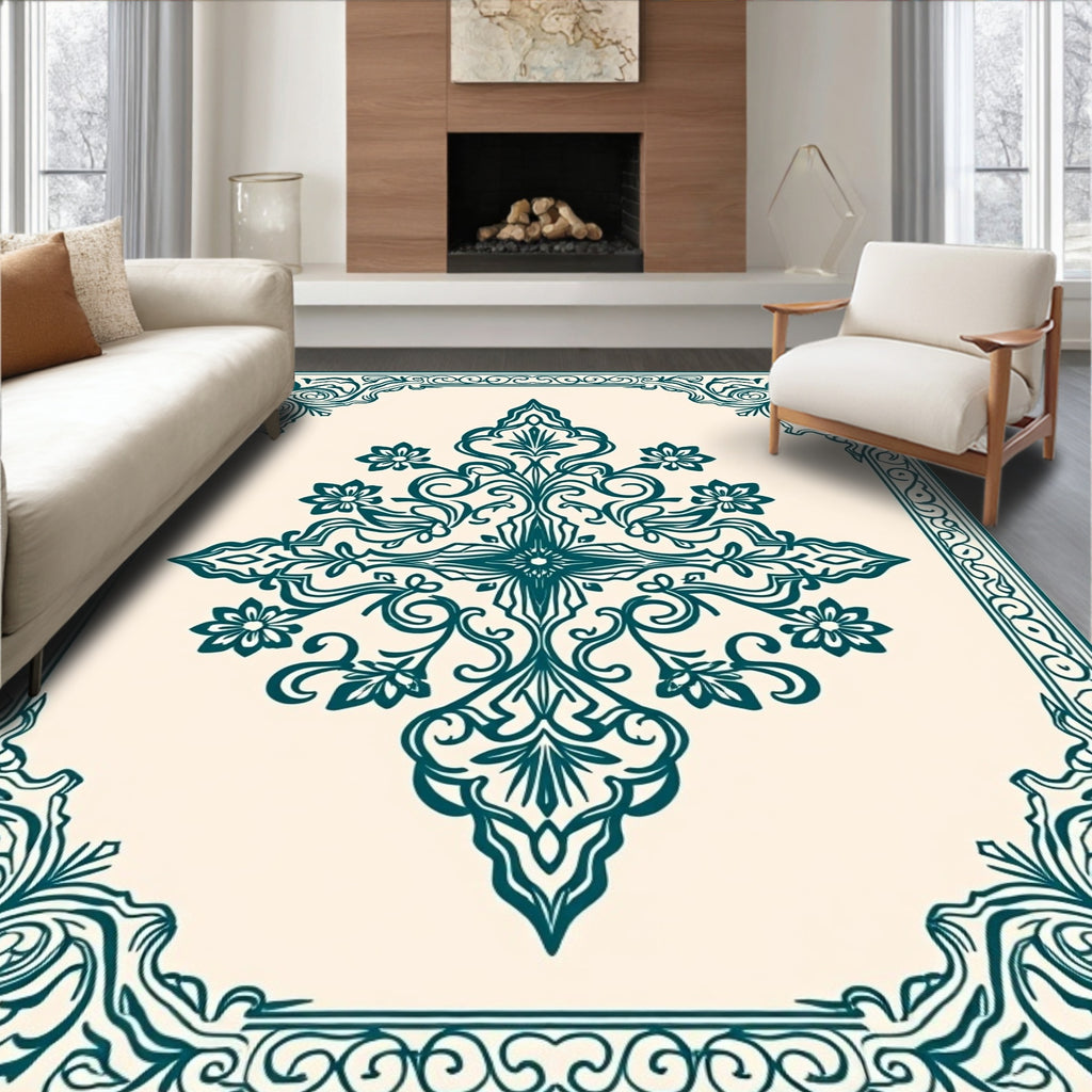 Teal Floral Crest Motif Design Rug