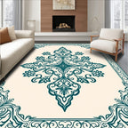 Teal Floral Crest Motif Design Rug