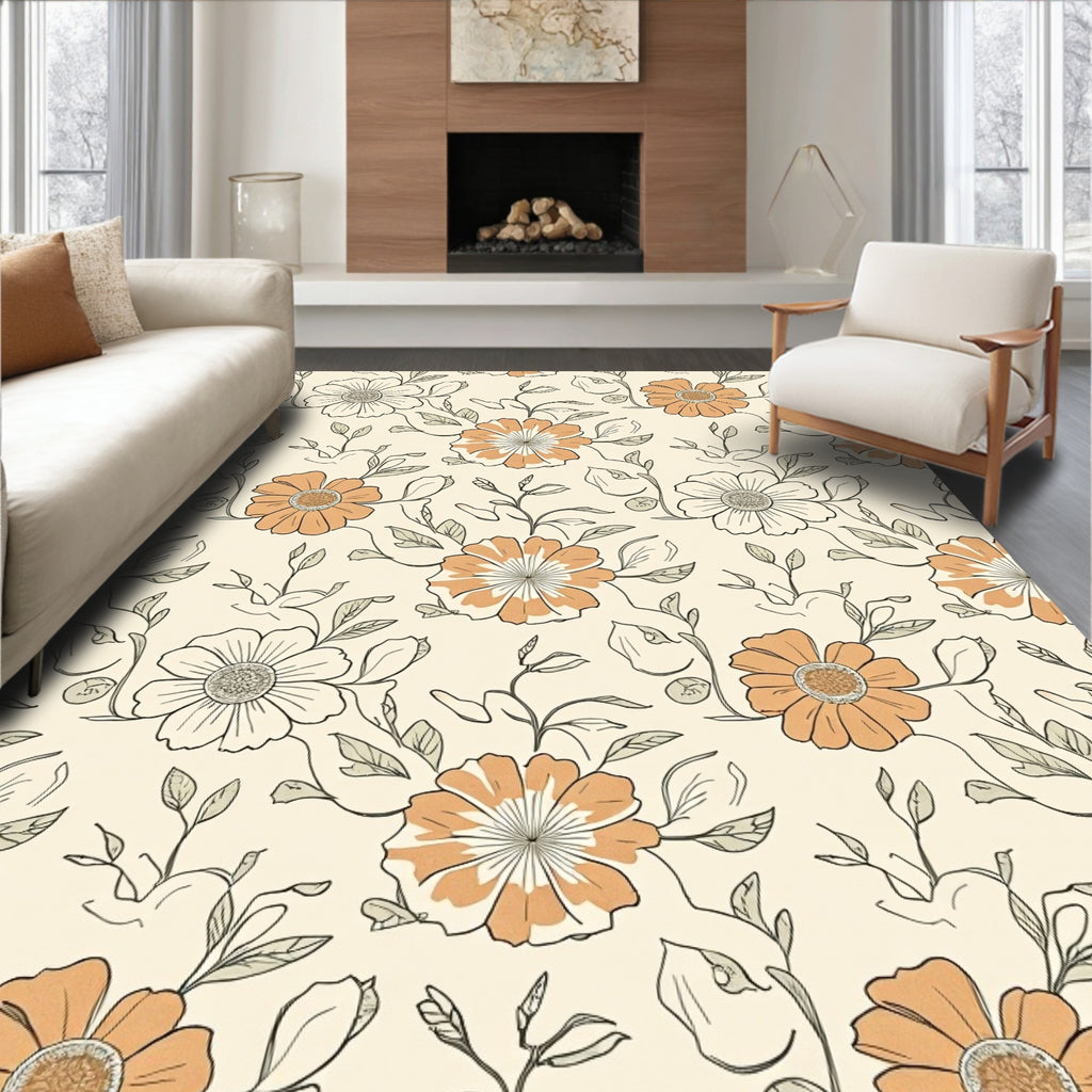 Cream Floral Line Art Pattern Rug