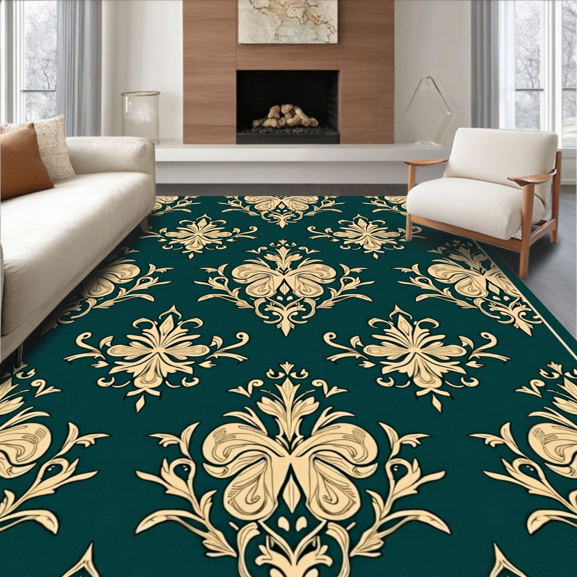 Regal Teal Gold Damask Flourish Rug