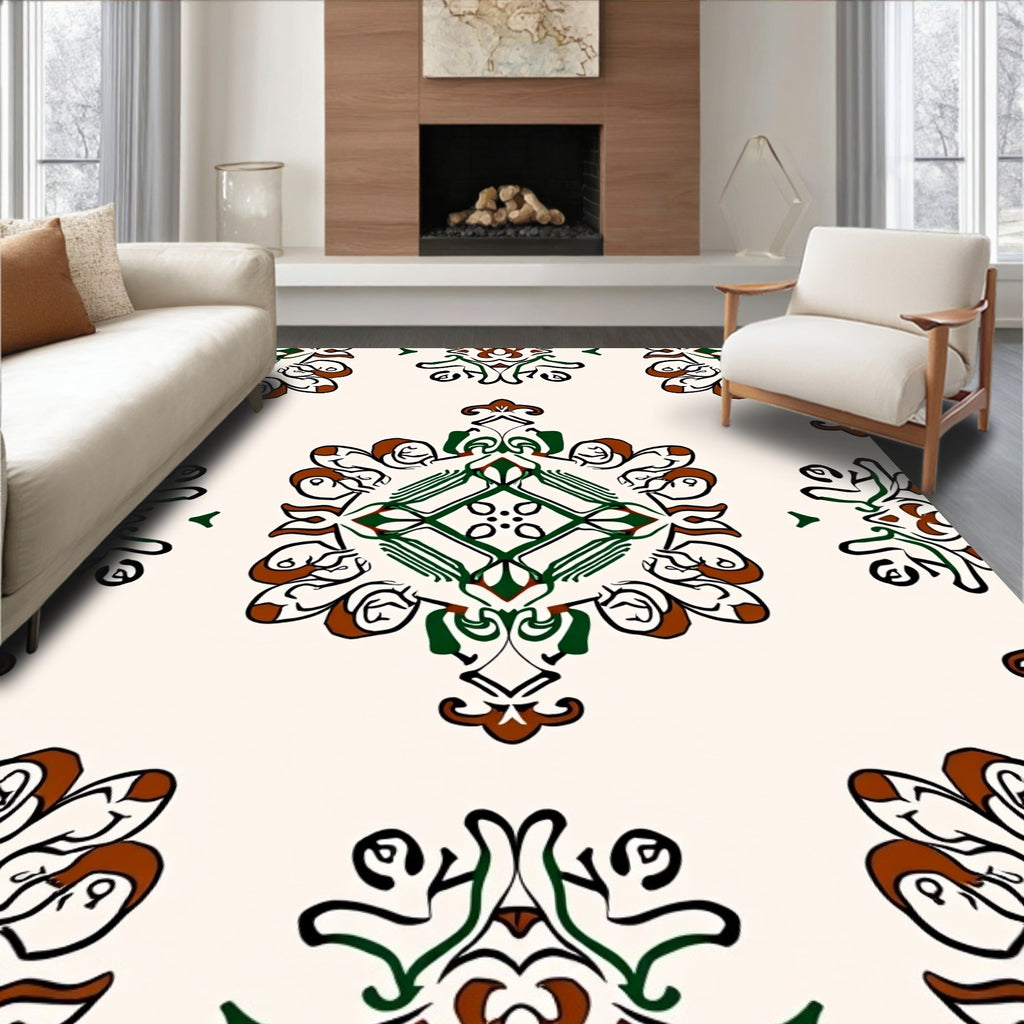 Ornate Green Brown Floral Medallion Rug