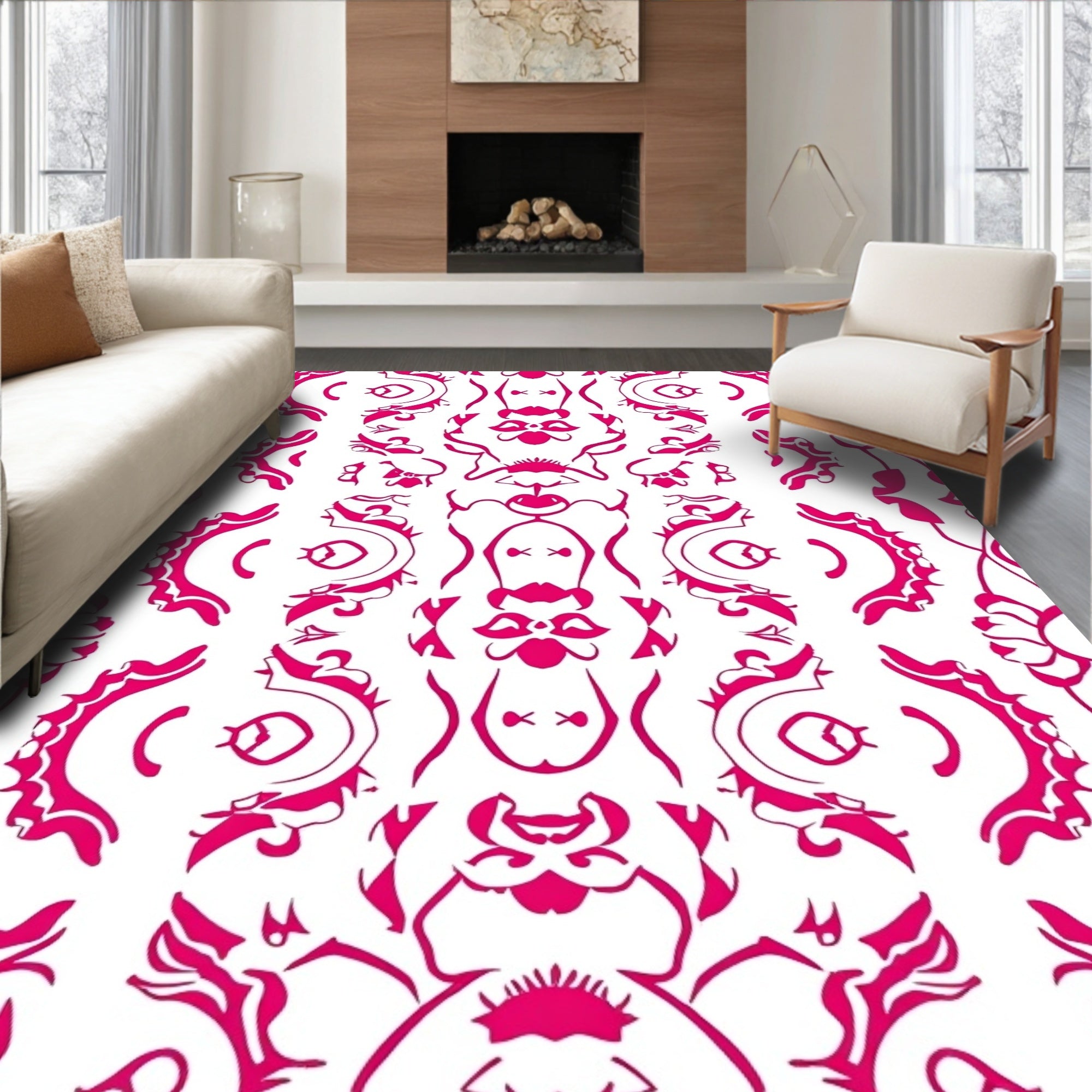 Ornate Pink Floral Stripe Pattern Rug