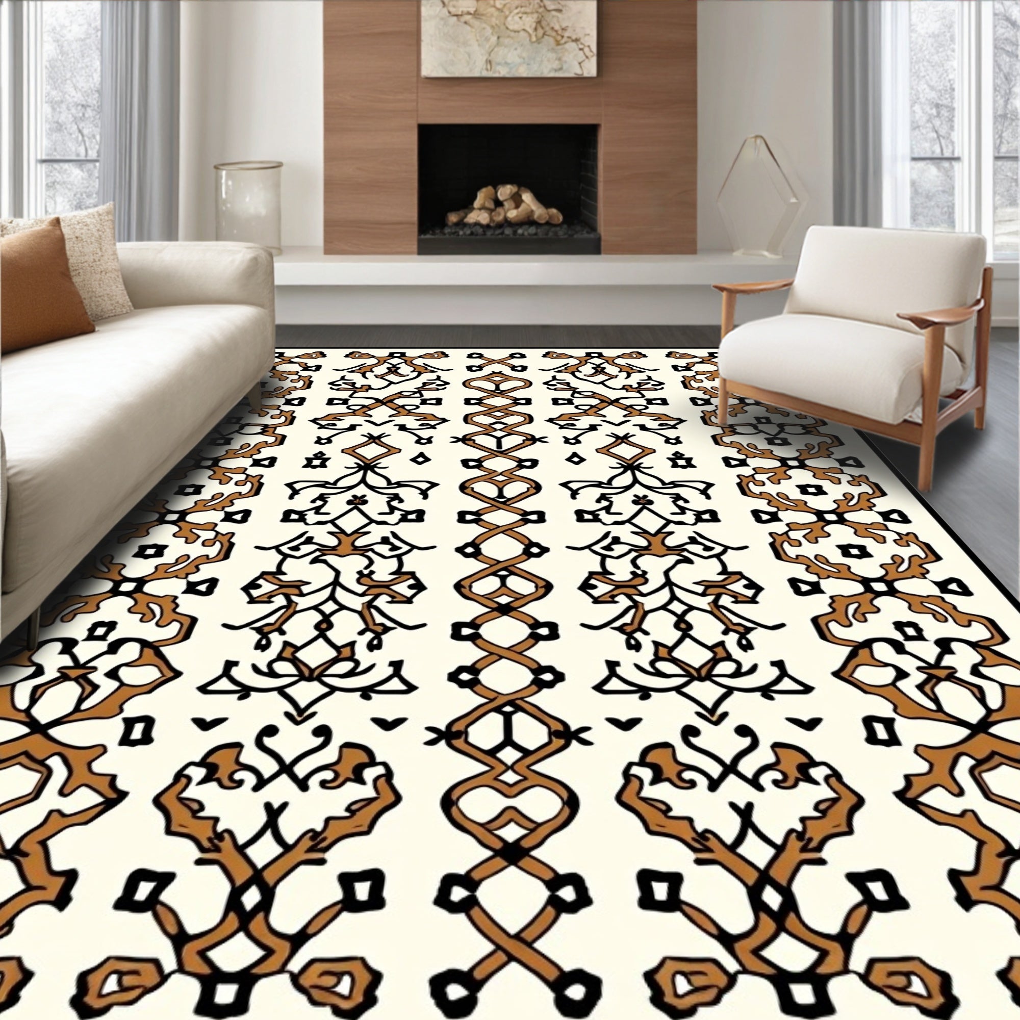 Brown Black Intricate Scrollwork Design Rug