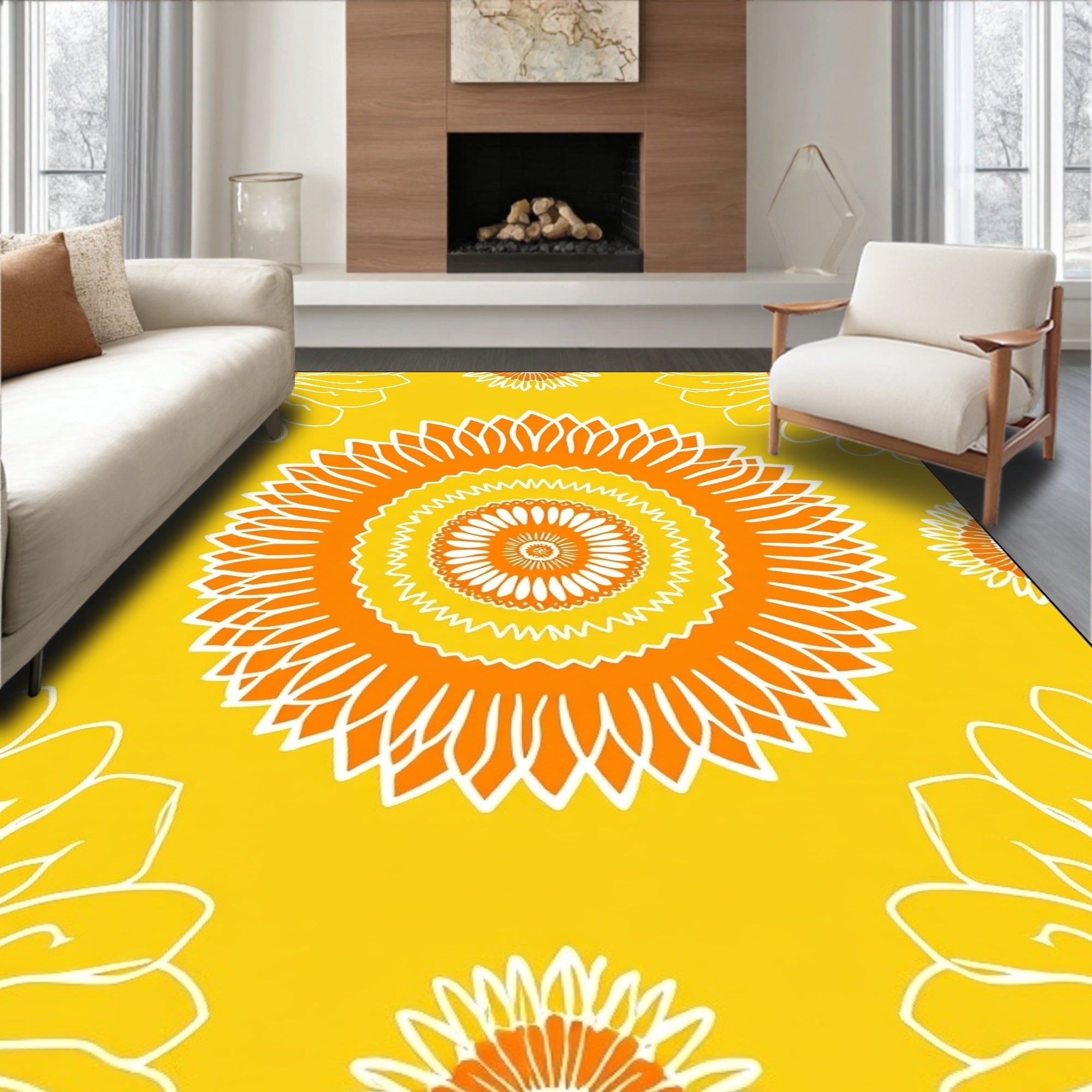 Sunny Yellow Mandala Floral Design Rug
