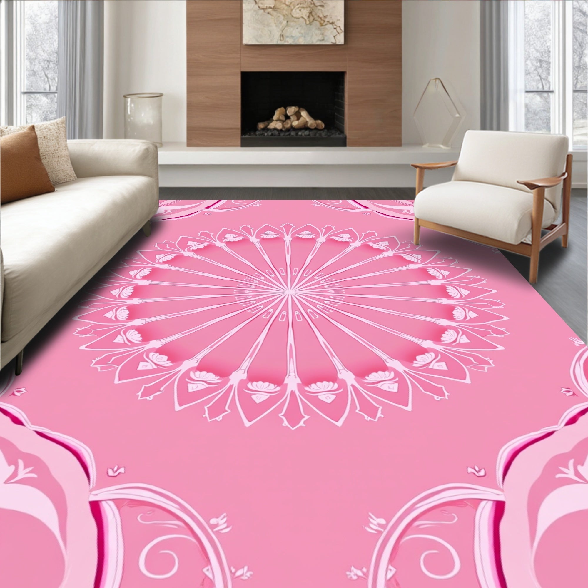 Feminine Floral Sunburst Mandala Design Rug