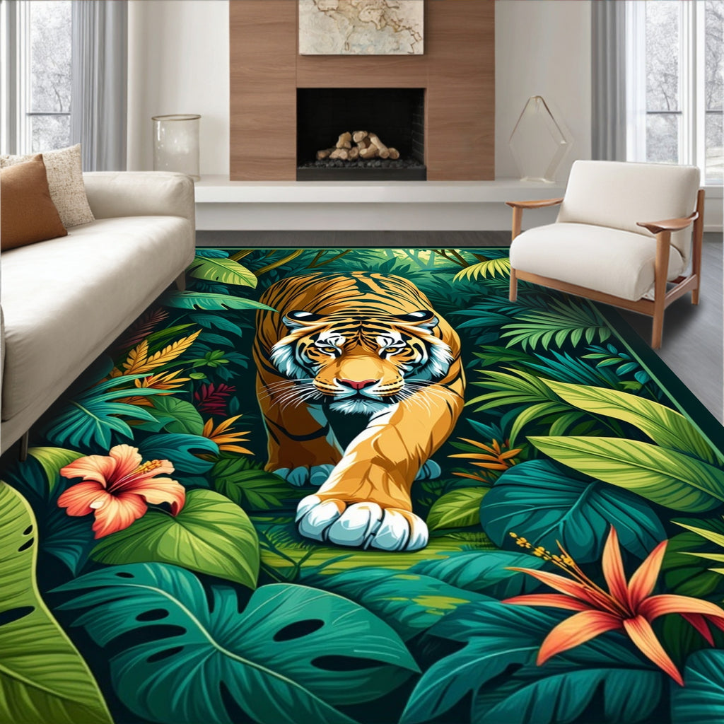 Vibrant Jungle Tiger Tropical Leaves Rug