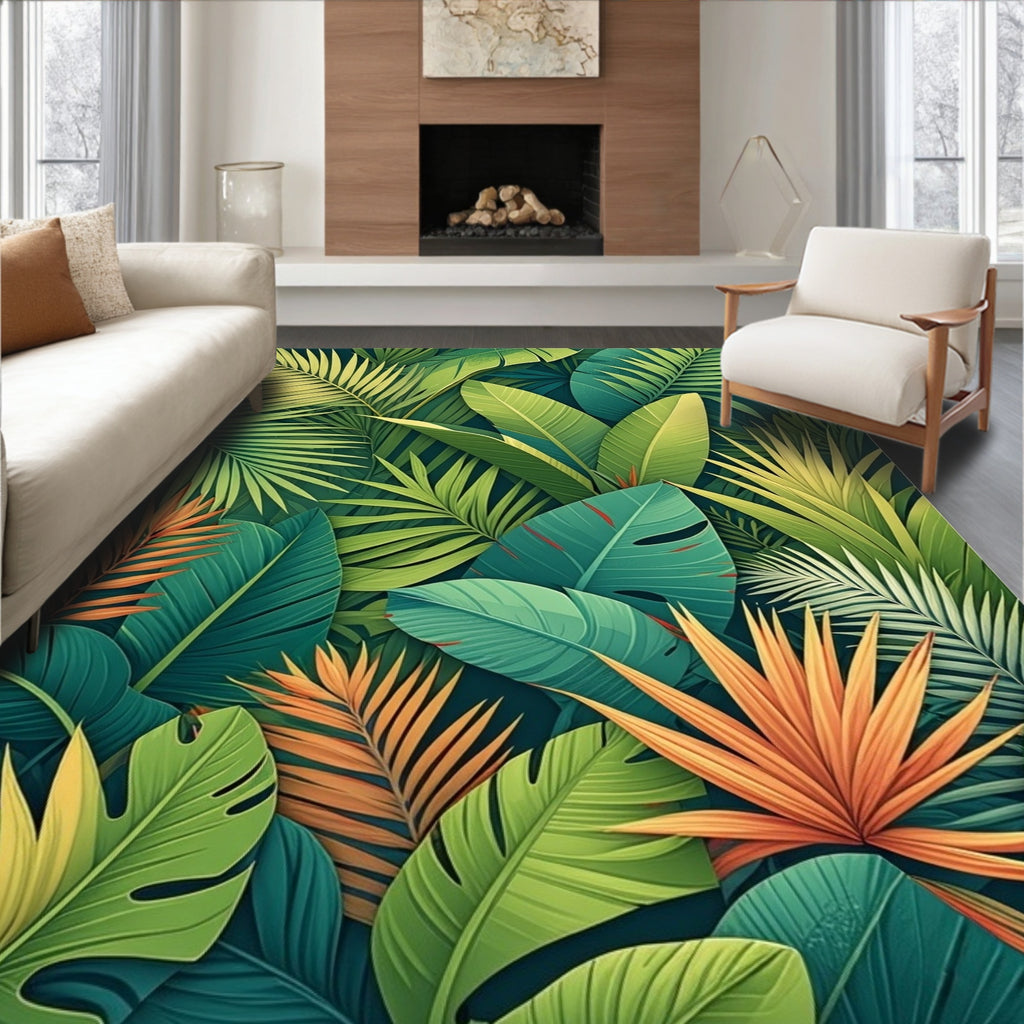 Lush Tropical Foliage Pattern Rug