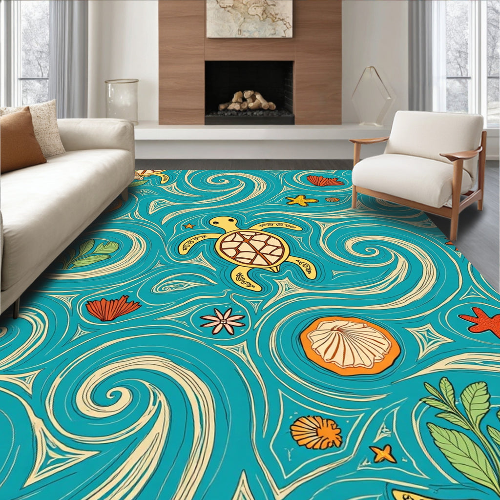 Whimsical Turtle Ocean Swirl Pattern Rug
