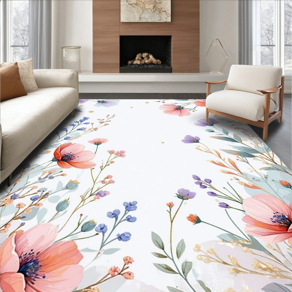 Pastel Floral Watercolor Botanical Design Rug