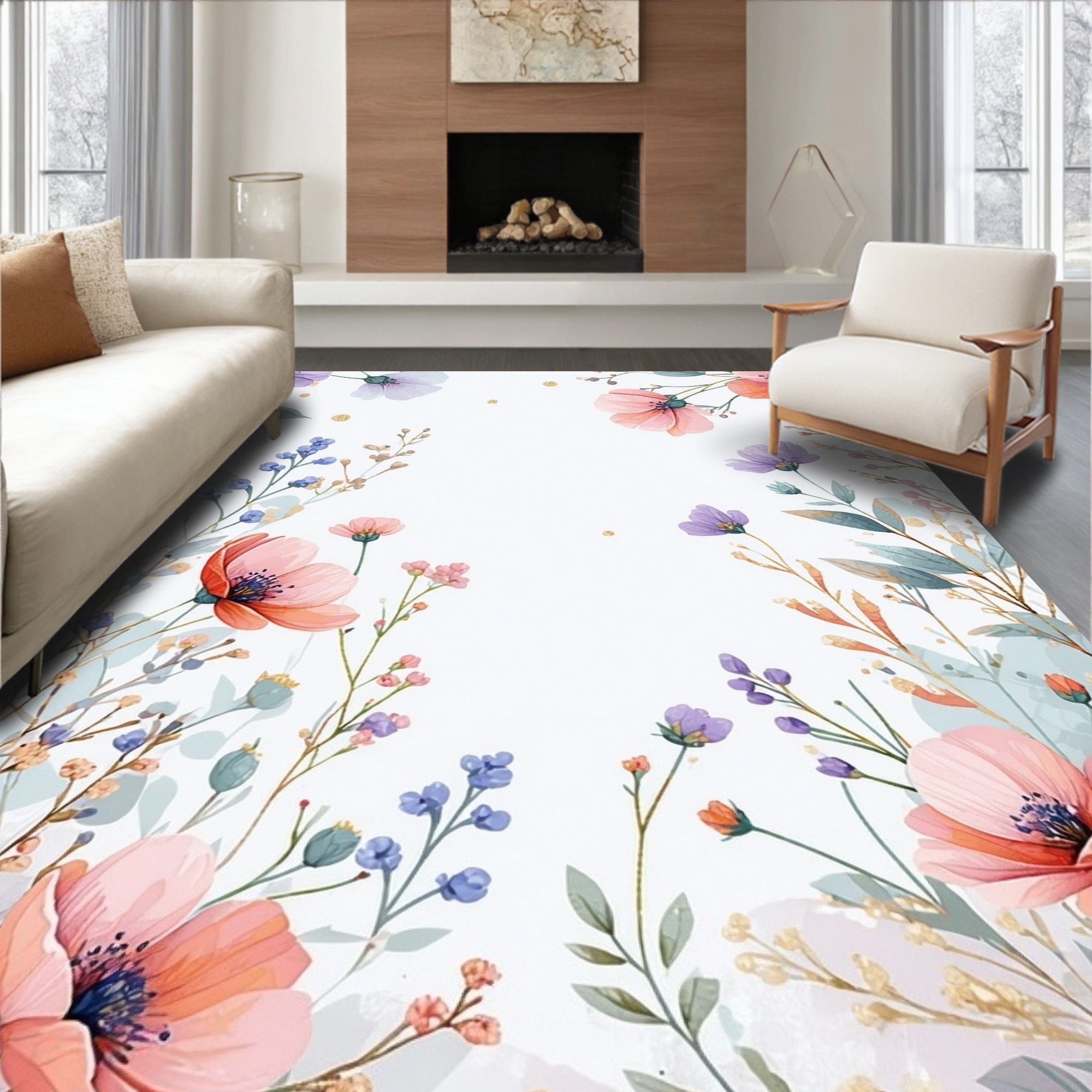 Pastel Floral Watercolor Botanical Design Rug