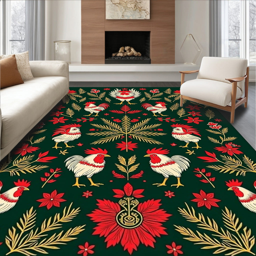Folk Rooster Floral and Foliage Rug