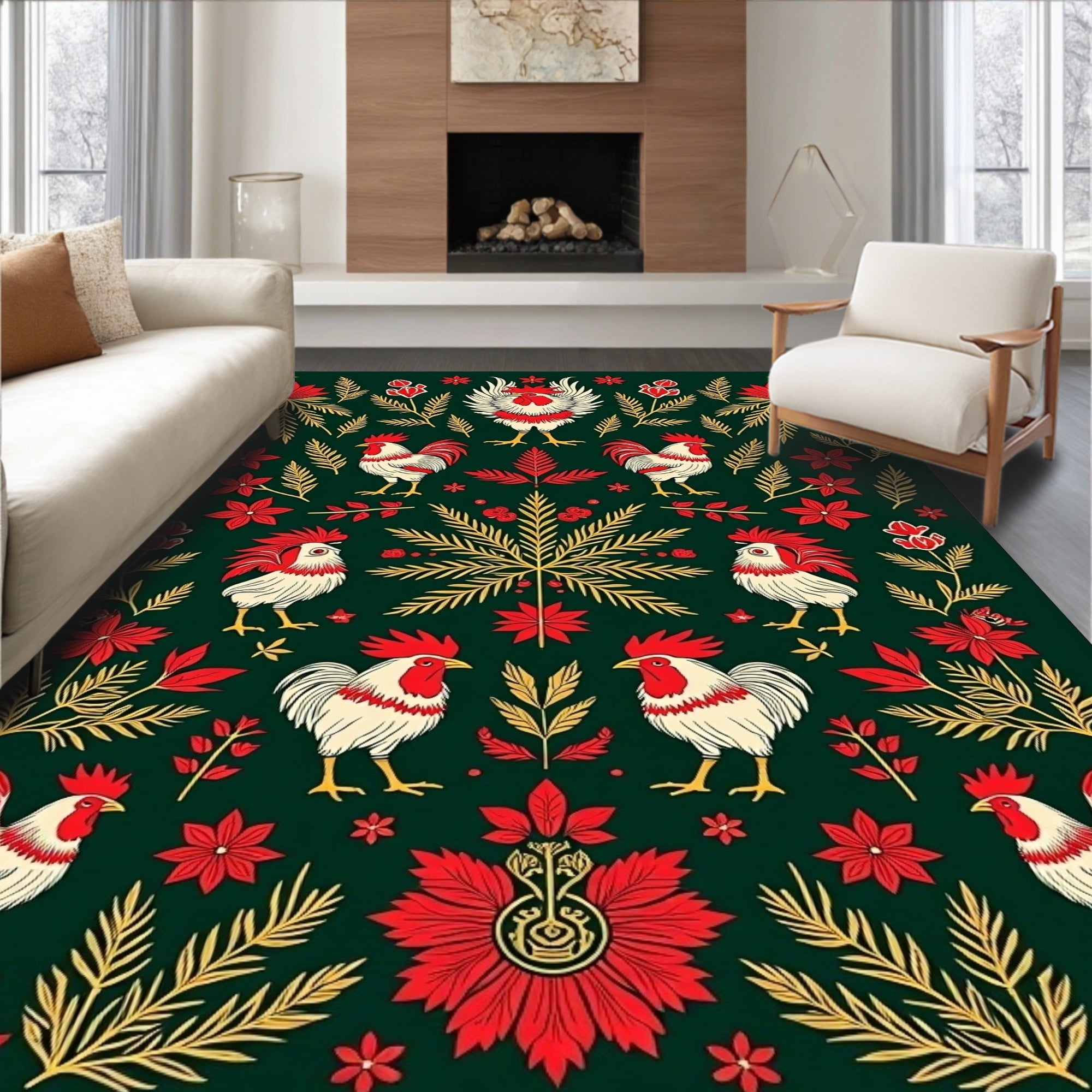 Folk Rooster Floral and Foliage Rug