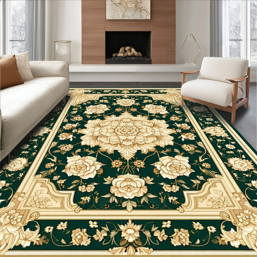 Elegant Floral Medallion Emerald Rug