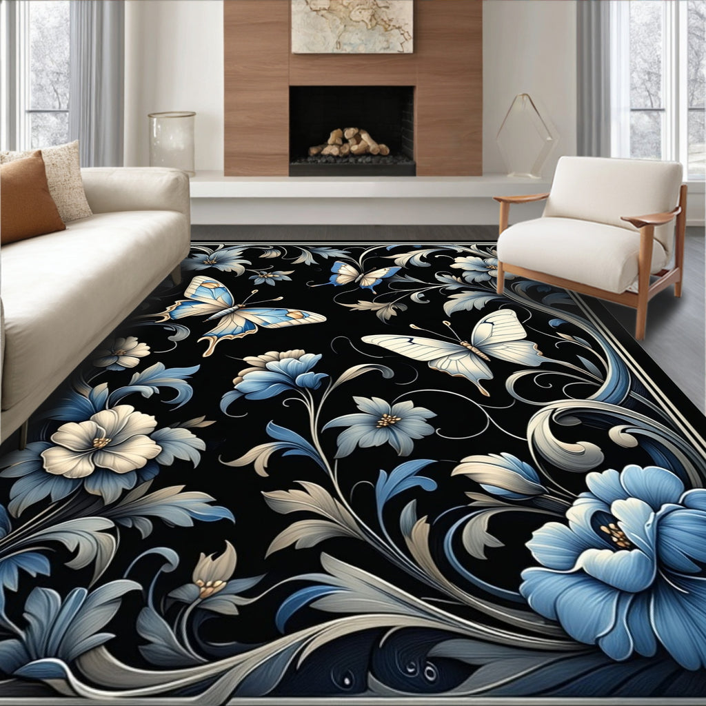 Elegant Butterfly Floral Scrollwork Rug