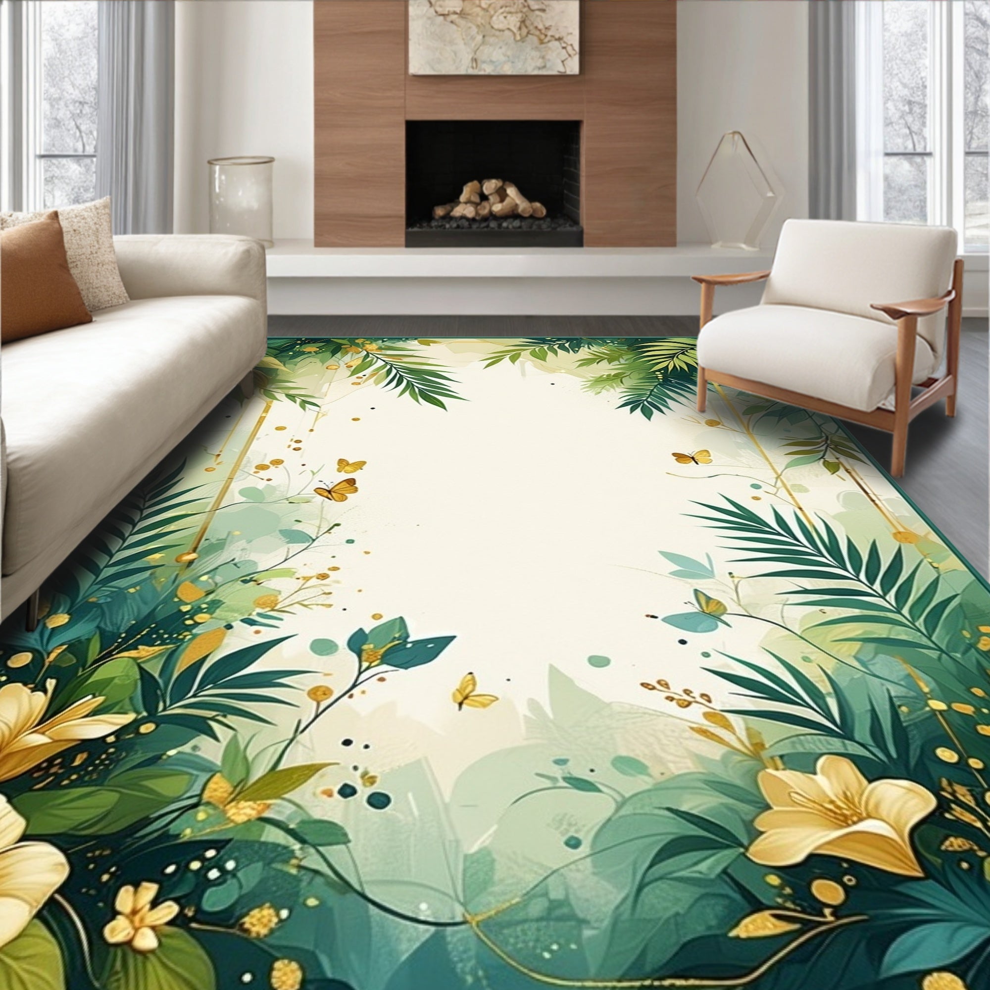 Lush Greenery 2 Butterflies Accent Rug