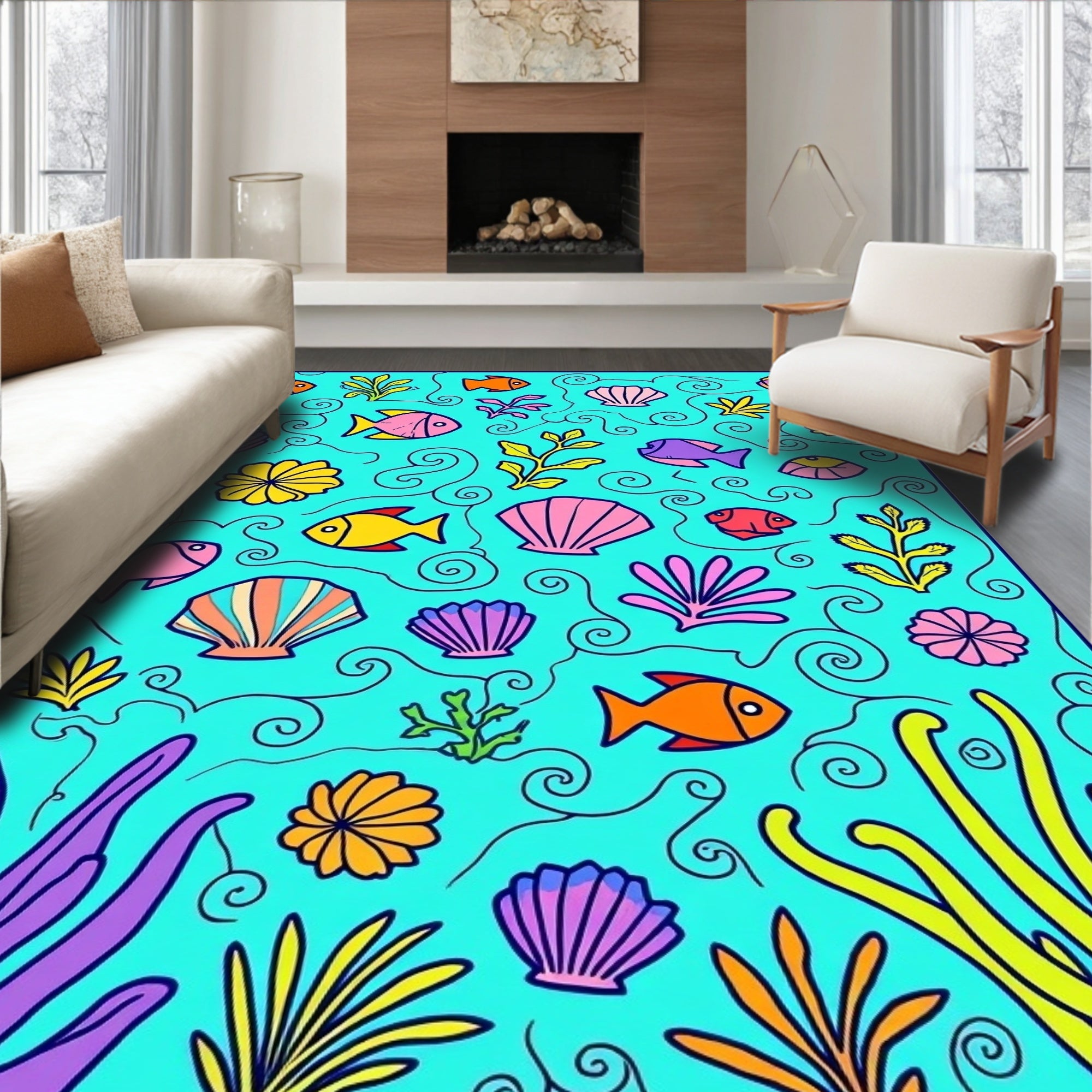 Quirky Underwater Fish and Shell Design Rug