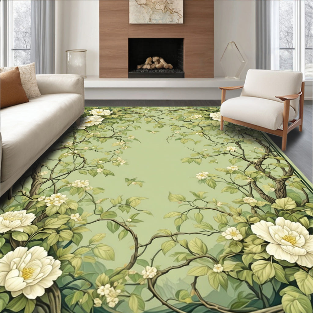 Whimsical White Flower and Vine Border Rug