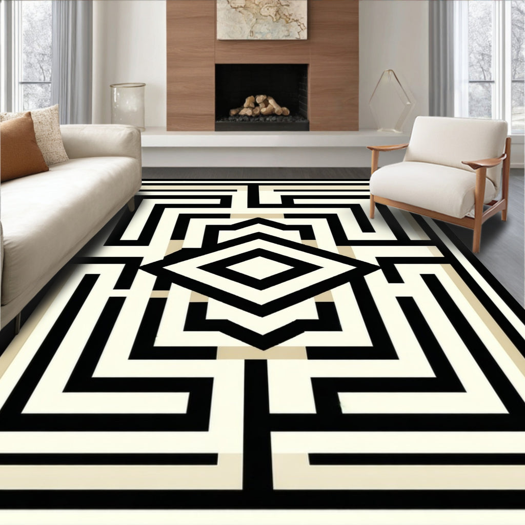 Geometric Maze Black Beige Pattern Rug
