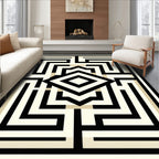 Geometric Maze Black Beige Pattern Rug