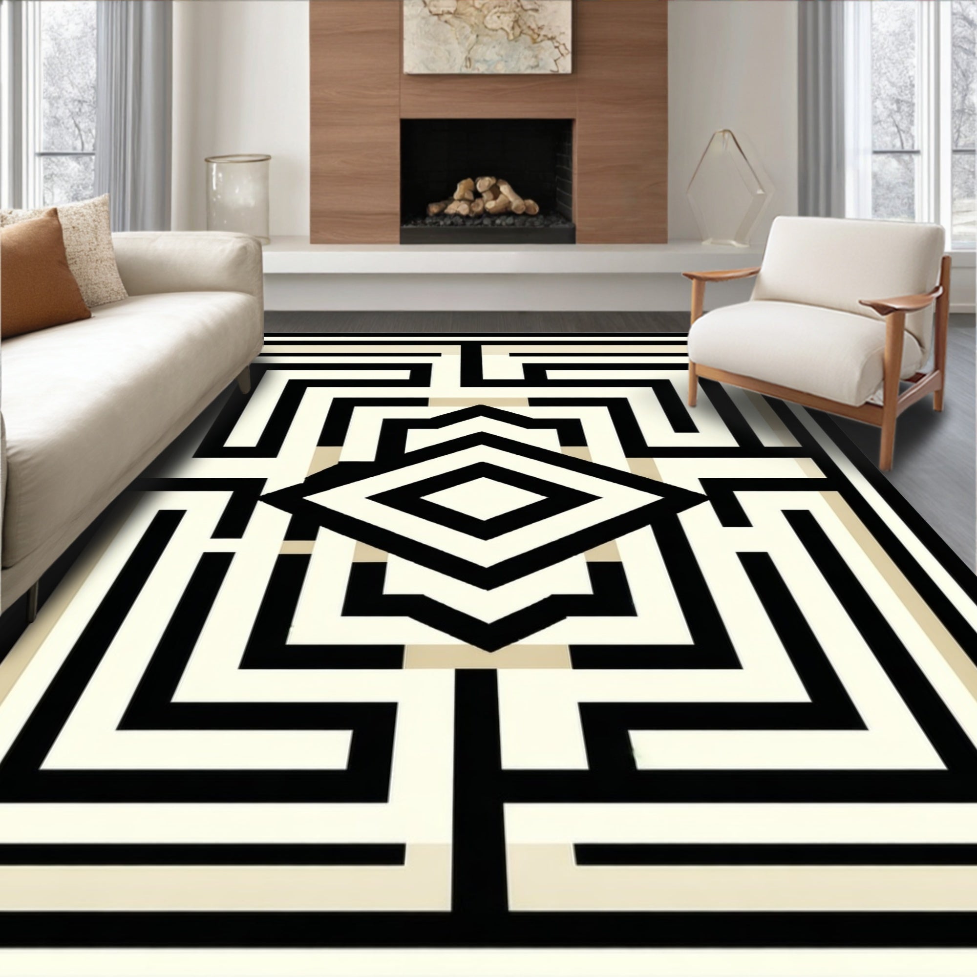 Geometric Maze Black Beige Pattern Rug