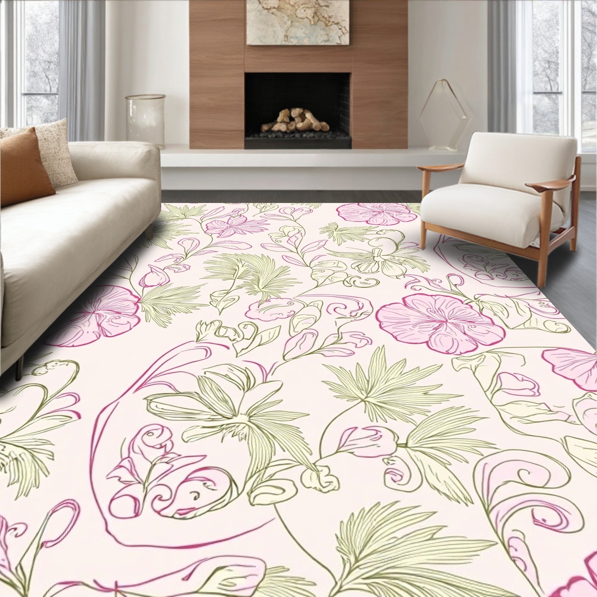 Delicate Pink Floral Vine Pattern Rug