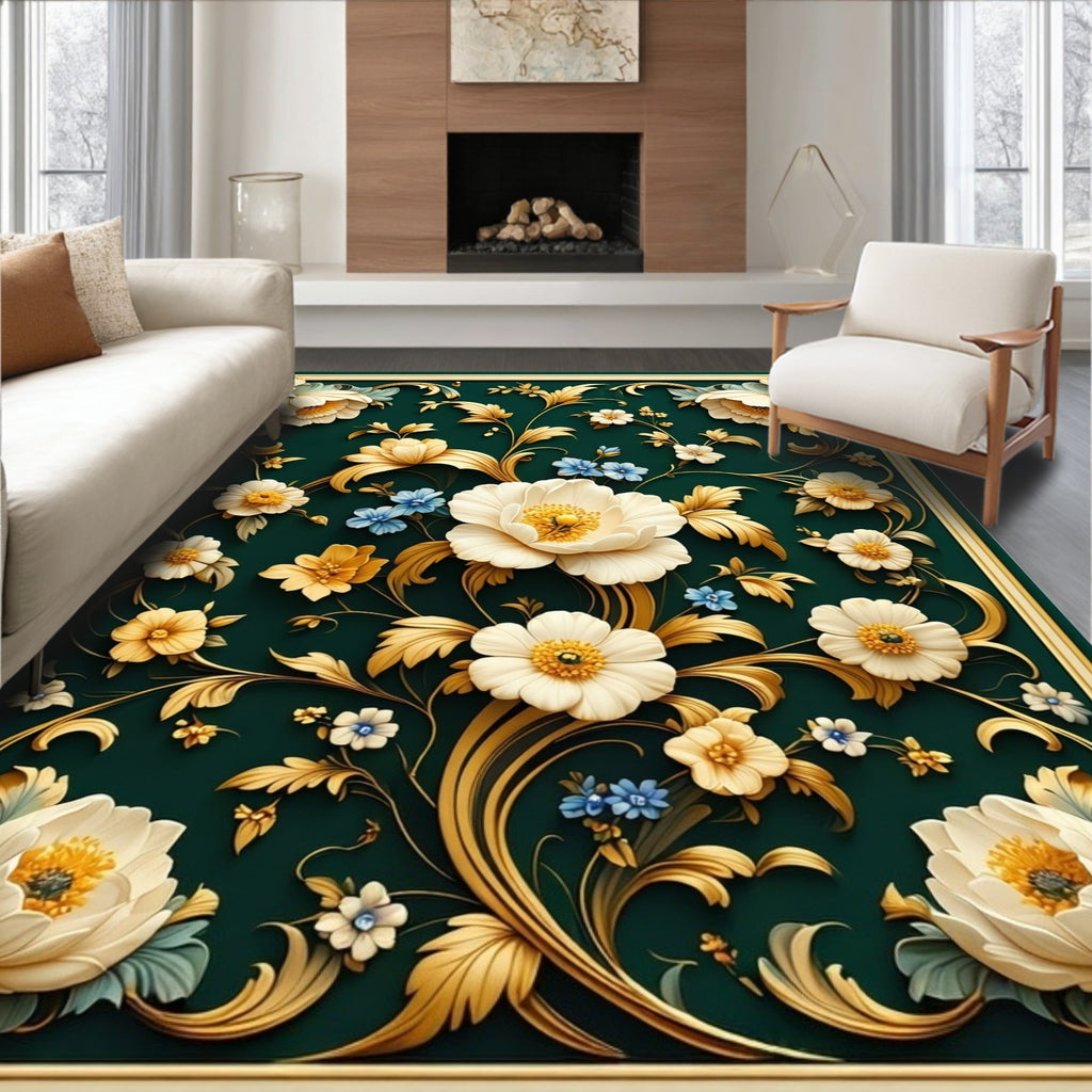 Opulent Floral Gold Curled Vine Rug