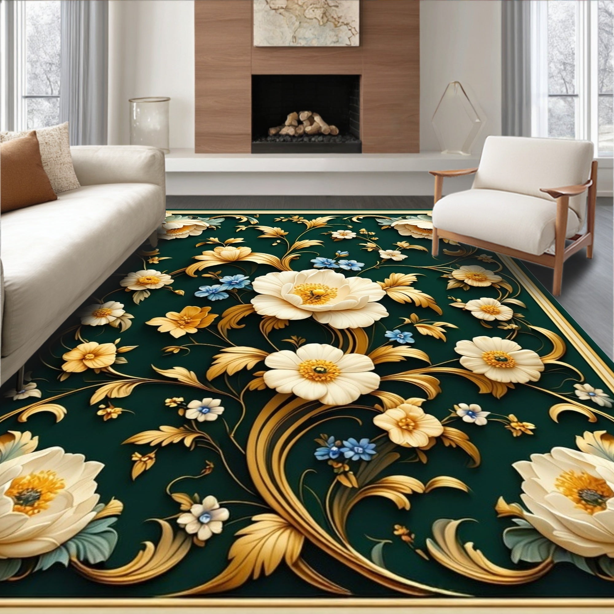 Opulent Floral Gold Curled Vine Rug