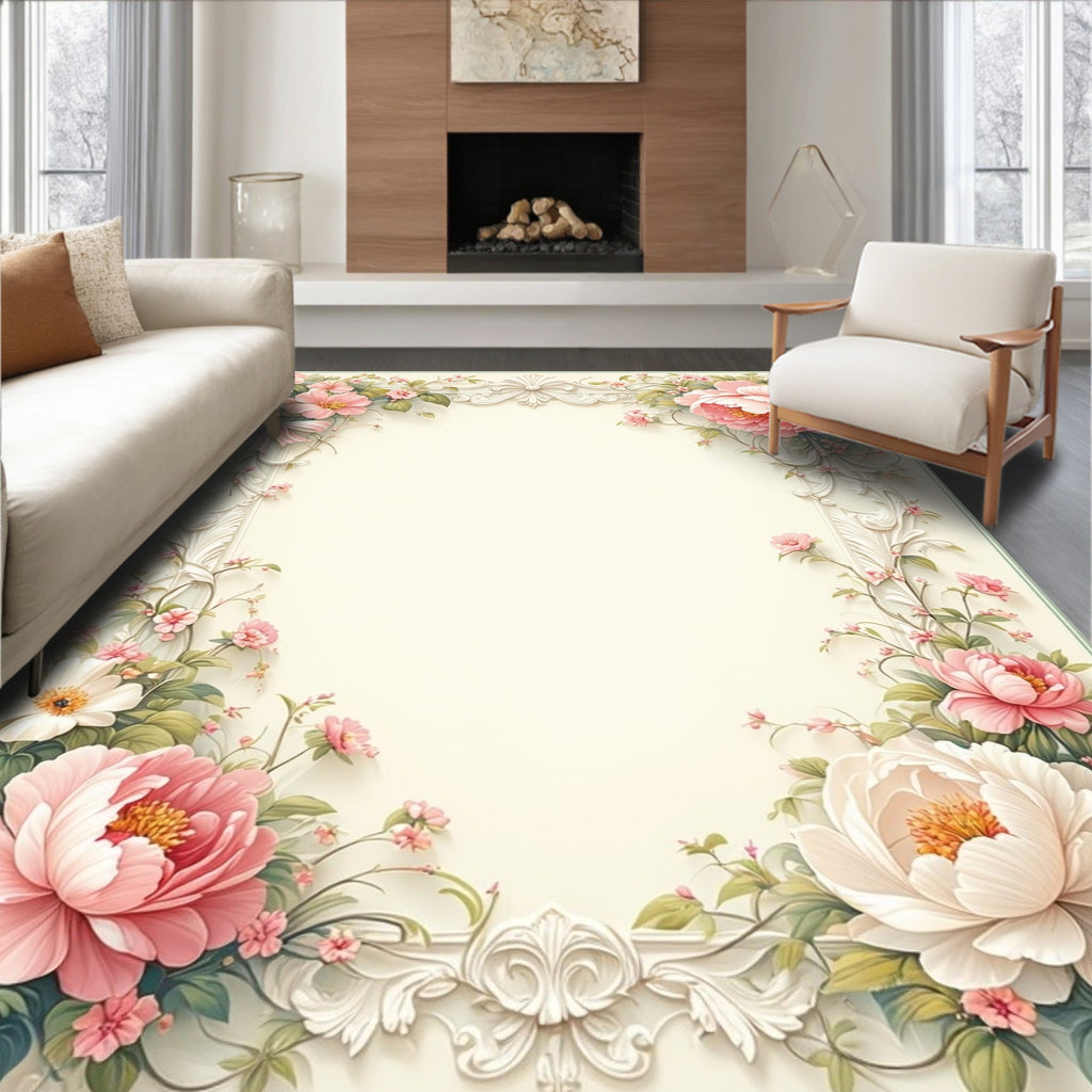 Pink Floral Rococo Patterned Rug