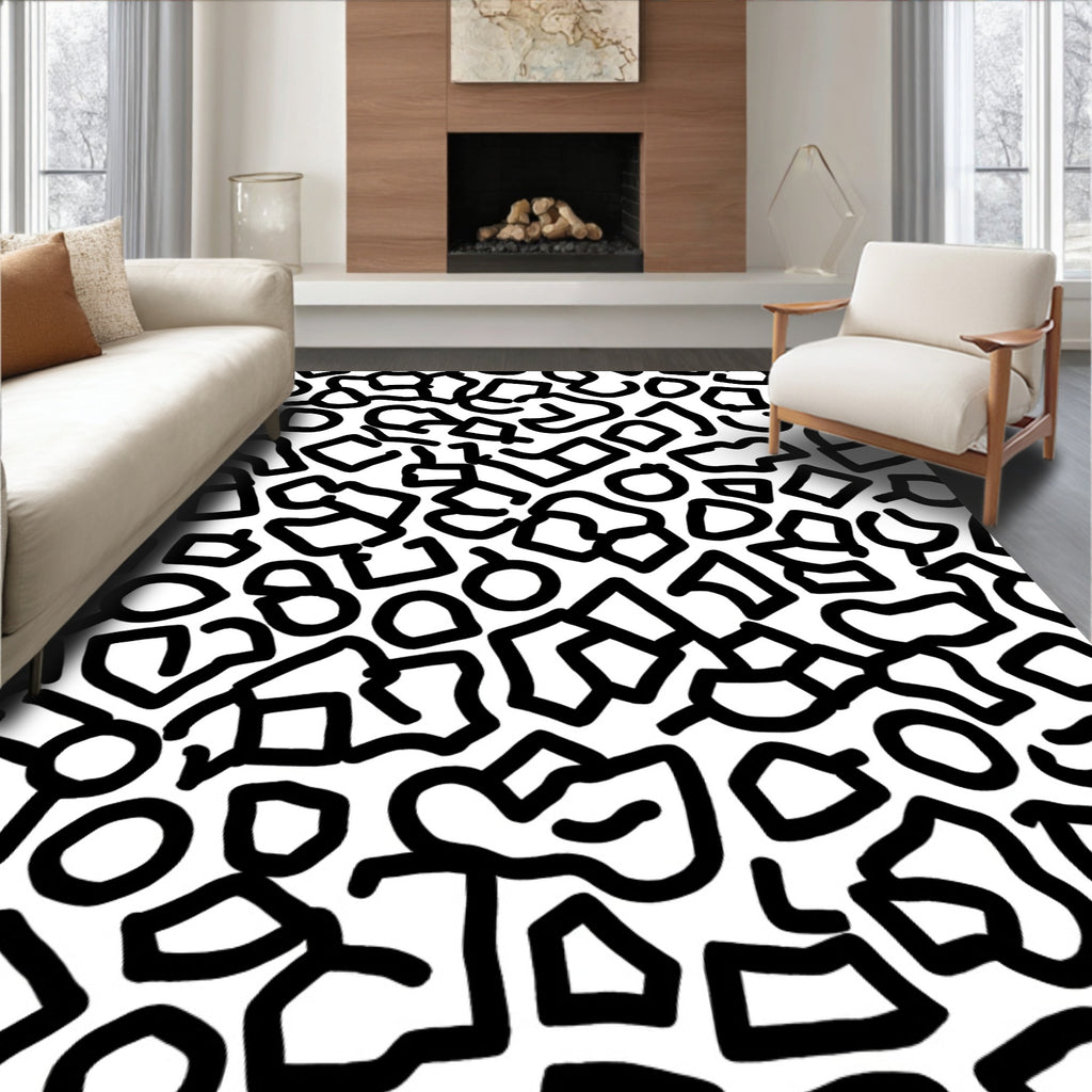 Black White Abstract Organic Forms Rug