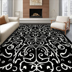 Black White Swirling Vine Pattern Rug