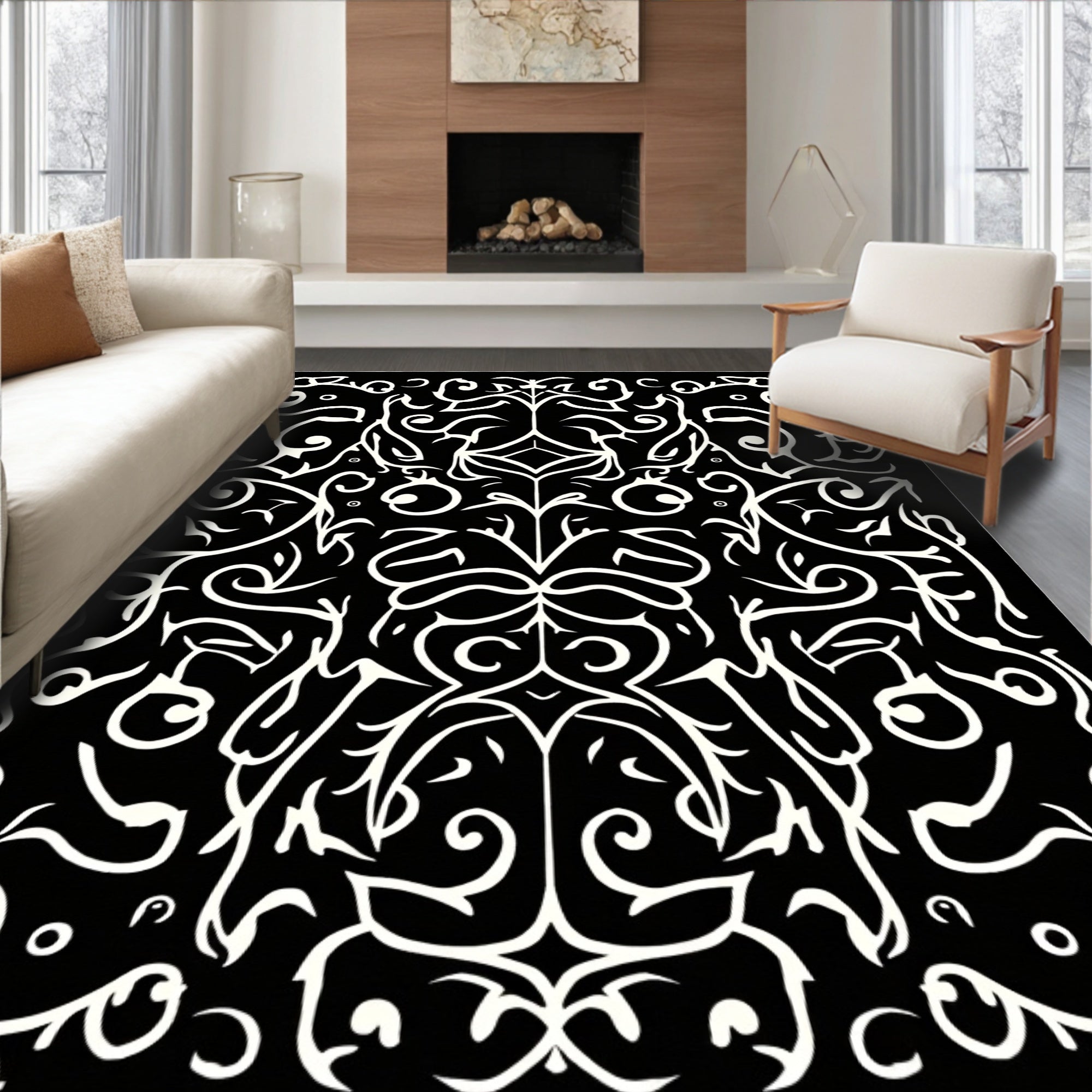 Black White Swirling Vine Pattern Rug