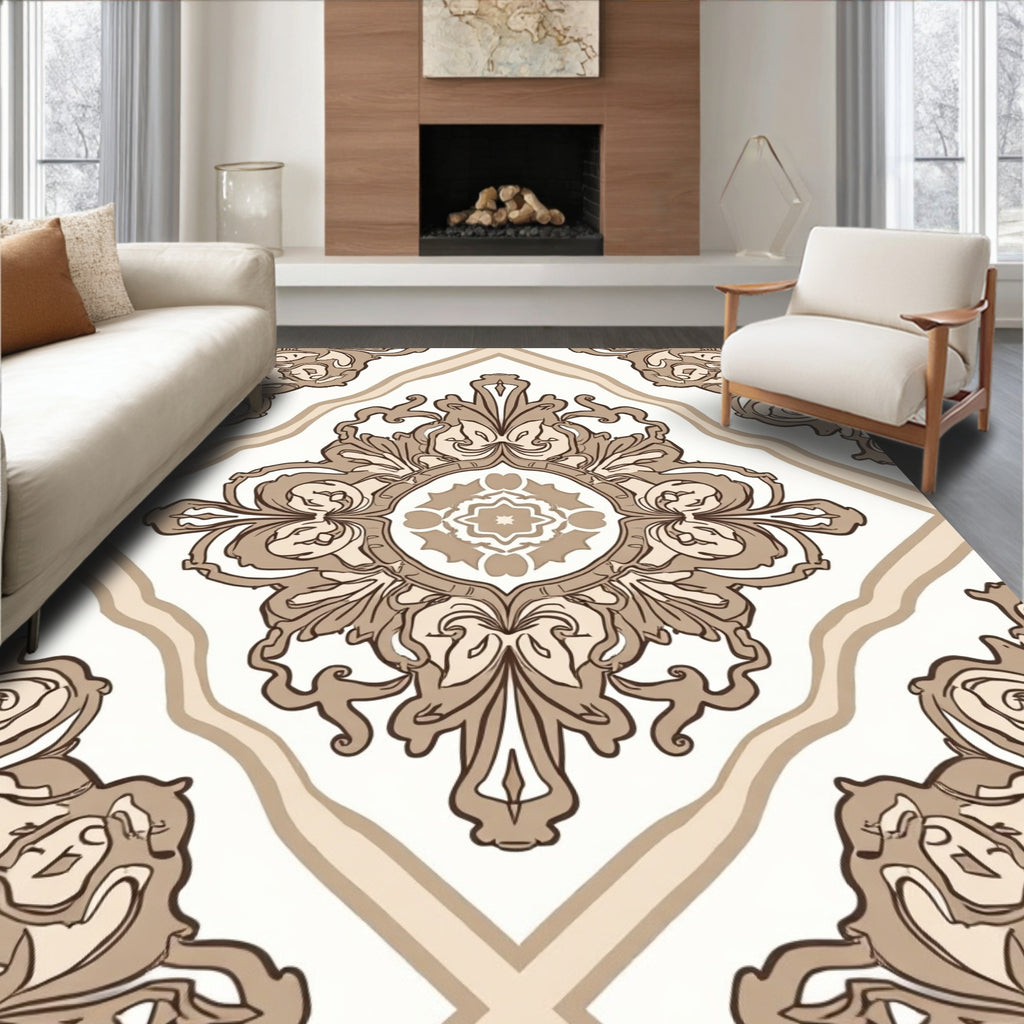Cream and Brown Damask Pattern Rug