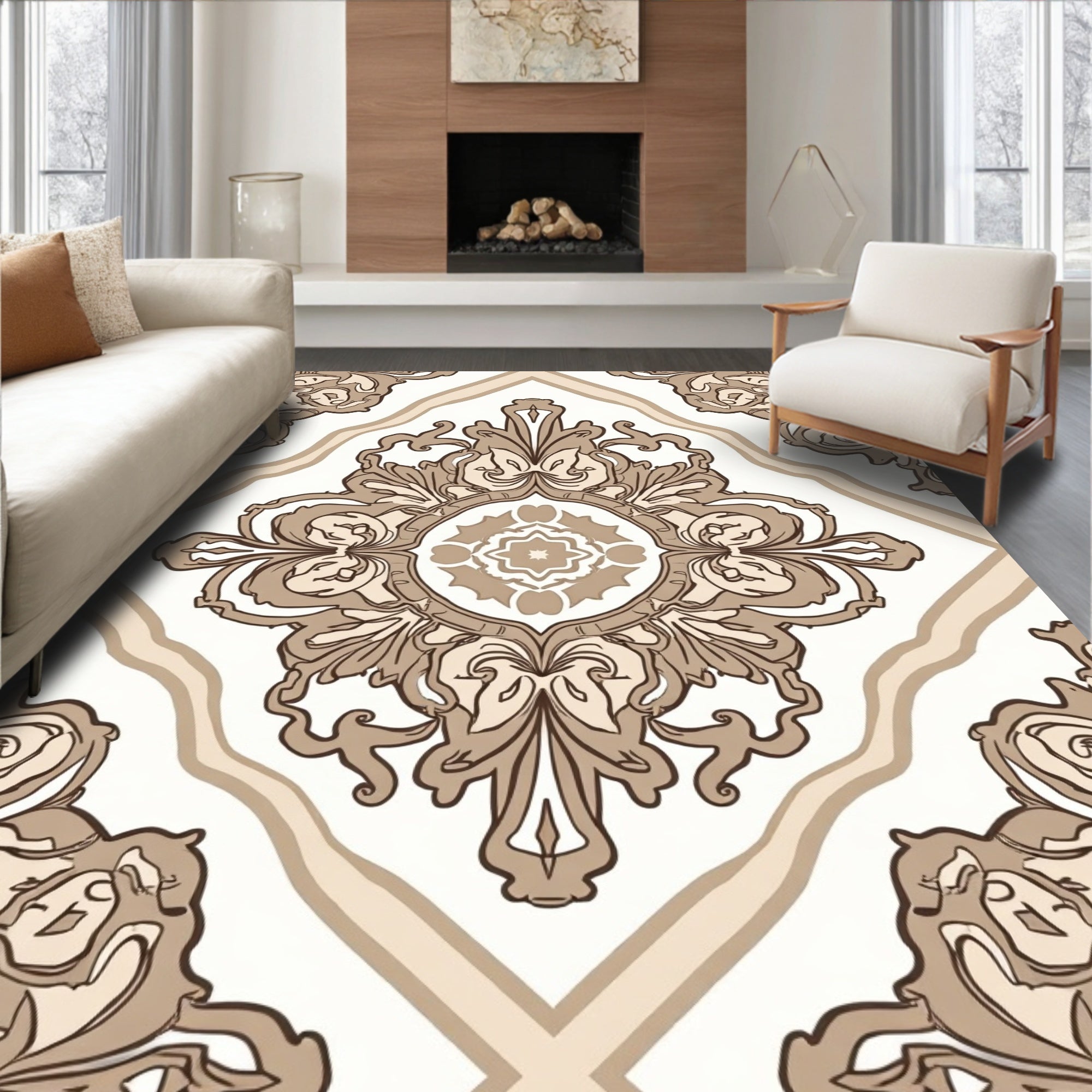 Cream and Brown Damask Pattern Rug