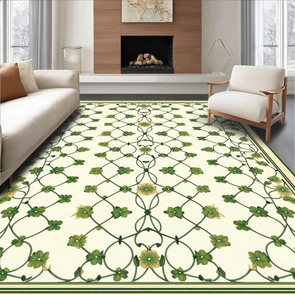 Delicate Green Vine Floral Medallion Rug