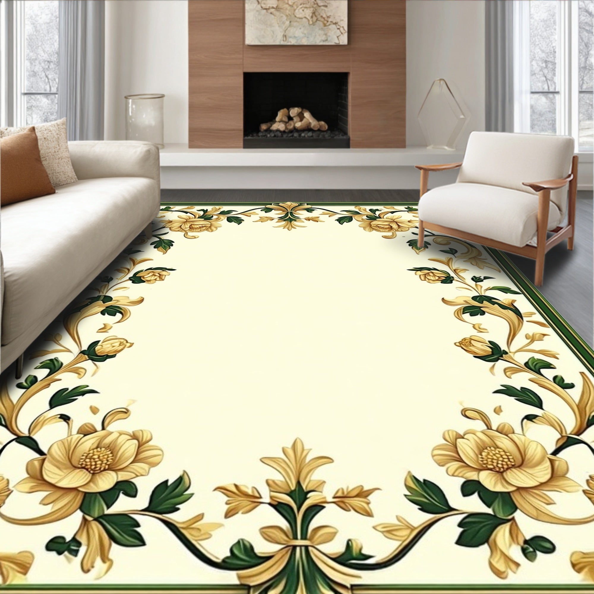 Ornate Floral Scrollwork Cream Border Rug
