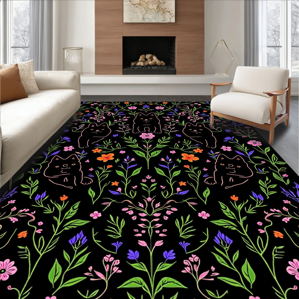 Whimsical Cat Floral Pattern Design Rug