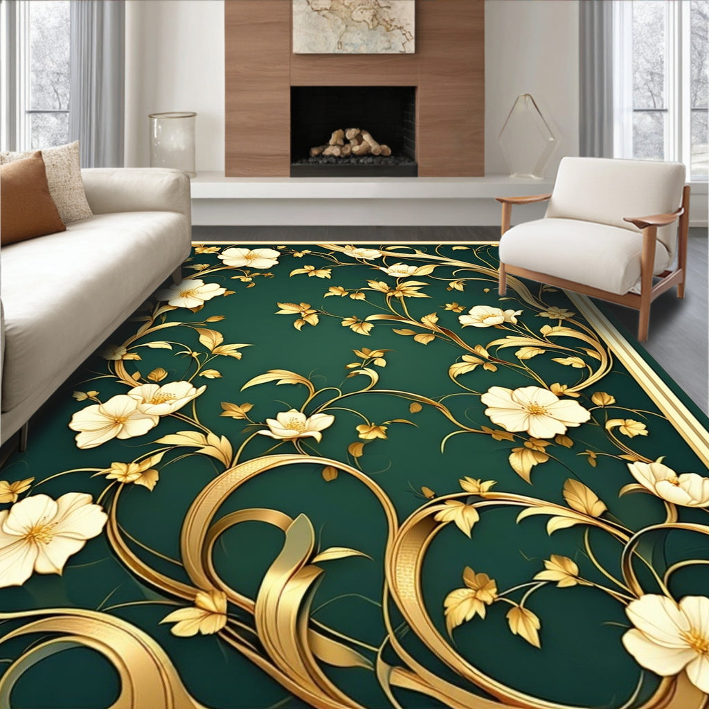 Elegant Floral Gold Scroll Pattern Rug