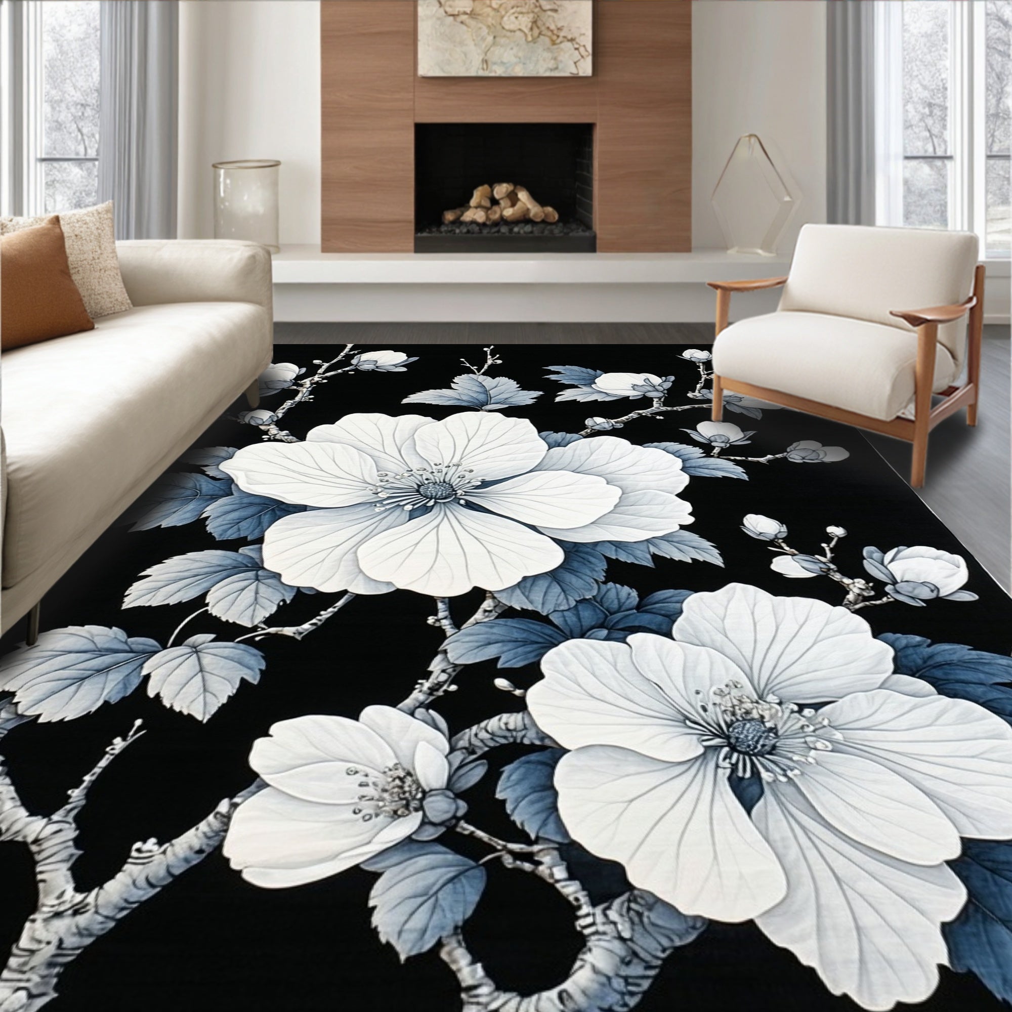 Elegant White Floral Branches Pattern Rug