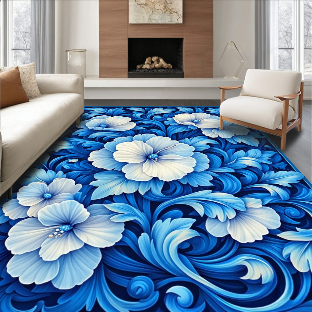 Blue Floral Swirls Pattern Rug
