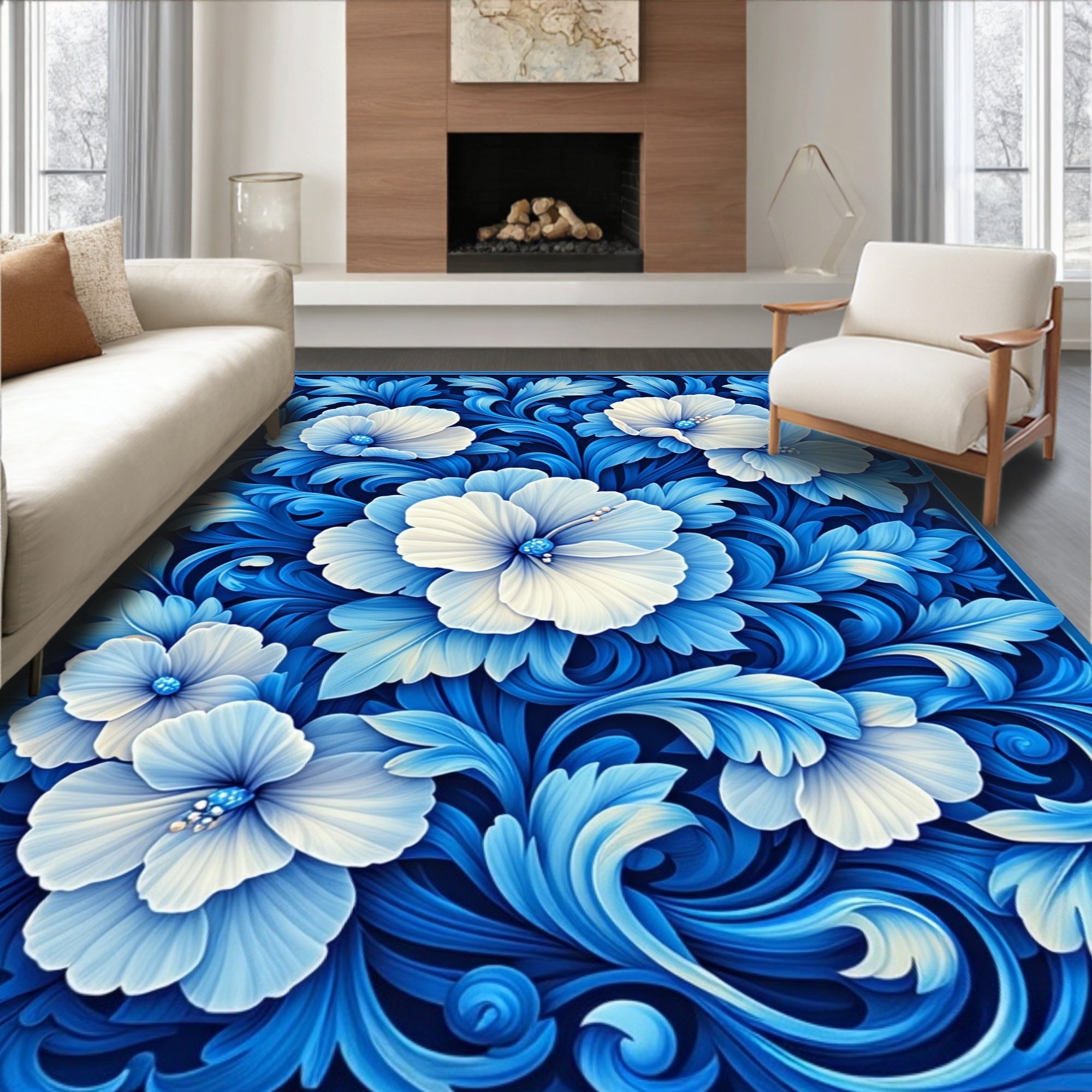 Blue Floral Swirls Pattern Rug