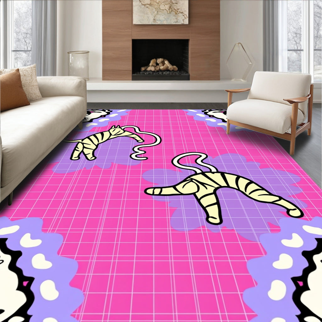 Playful Tigers On Pink Grid Design Rug